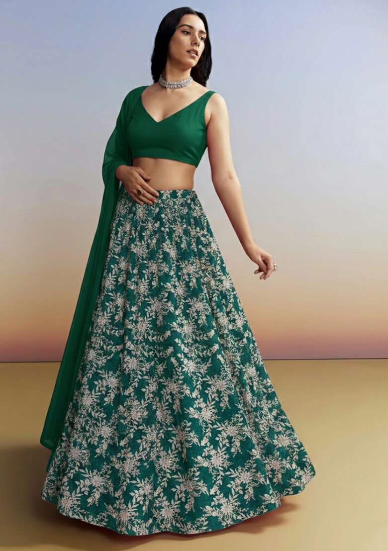 Bottle Green Embroidered Crepe Lehenga Set - Indya