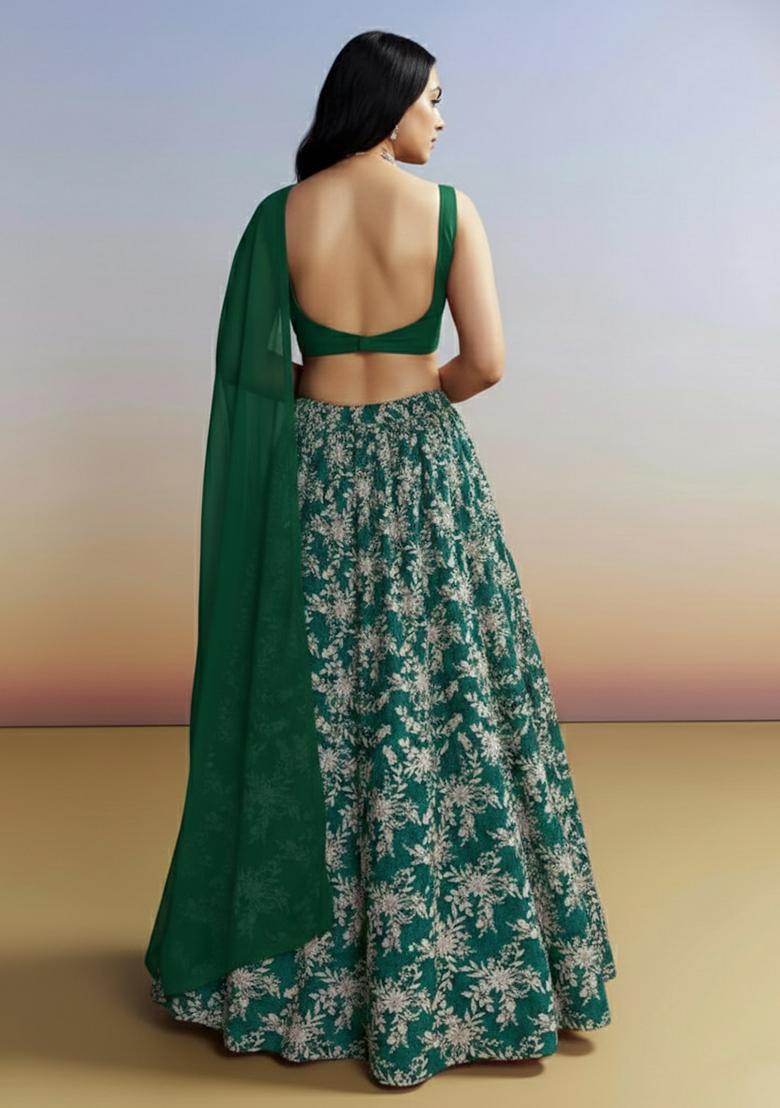 Bottle Green Embroidered Crepe Lehenga Set - Indya