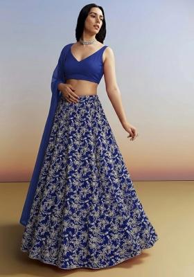 Royal Blue Embroidered Crepe Lehenga Set