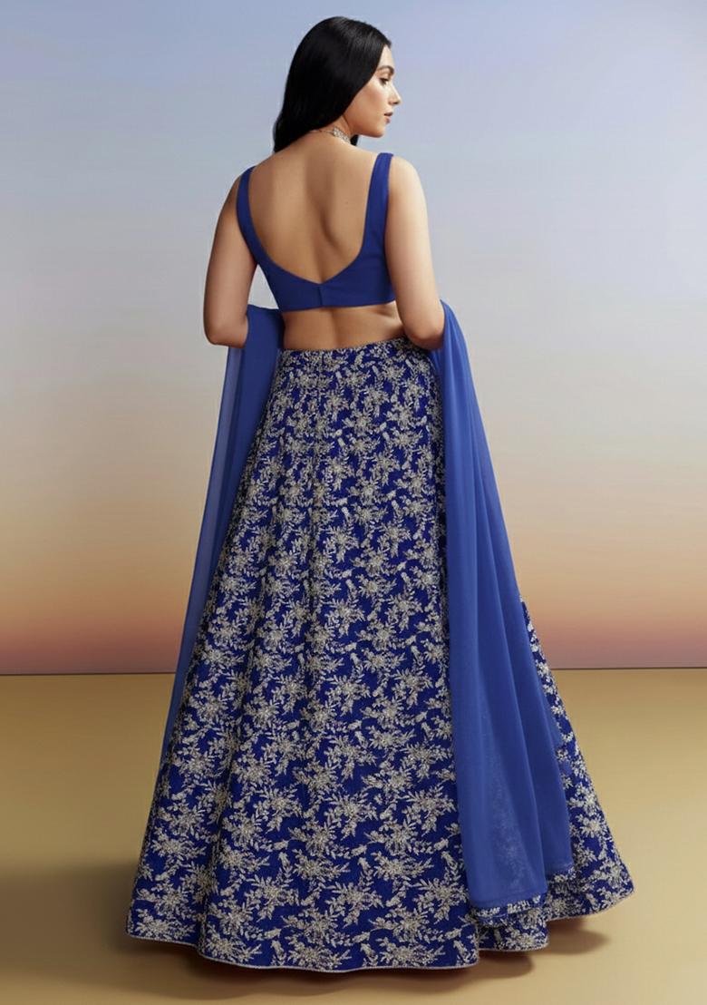 Royal Blue Embroidered Crepe Lehenga Set - Indya