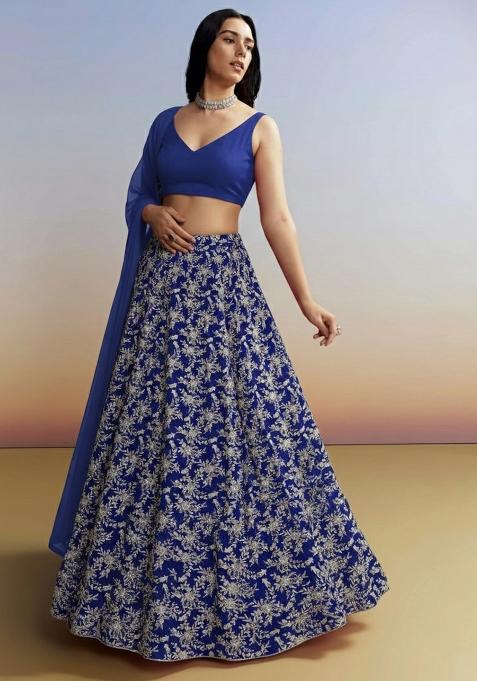 Royal Blue Embroidered Crepe Lehenga Set