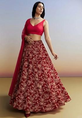 Red Embroidered Crepe Lehenga Set
