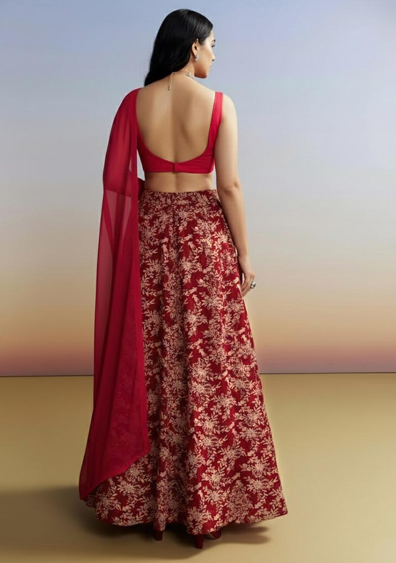 Red Embroidered Crepe Lehenga Set - Indya