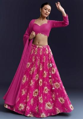 Rani Pink Floral Print Crepe Lehenga Set