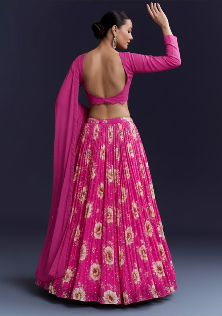 Rani Pink Floral Print Crepe Lehenga Set - Indya