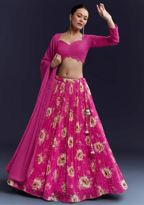 Rani Pink Floral Print Crepe Lehenga Set