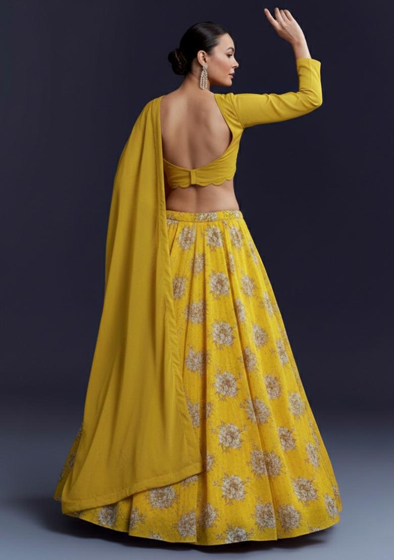 Mustard Floral Print Crepe Lehenga Set - Indya