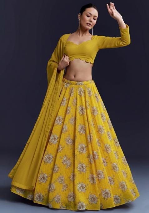 Mustard Floral Print Crepe Lehenga Set
