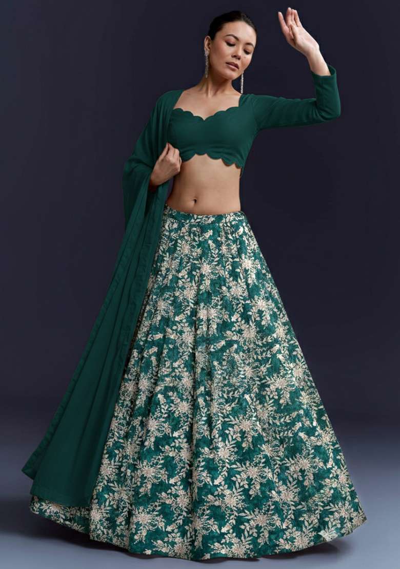 Bottle Green Embroidered Crepe Lehenga Set - Indya