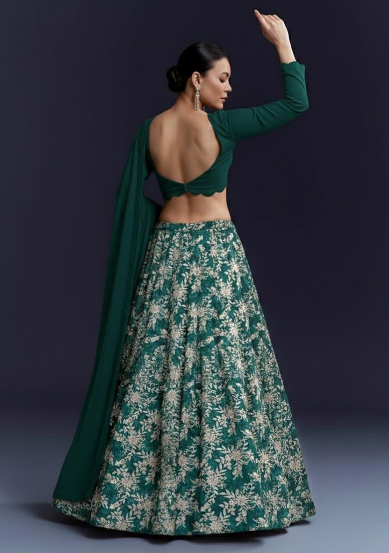 Bottle Green Embroidered Crepe Lehenga Set - Indya