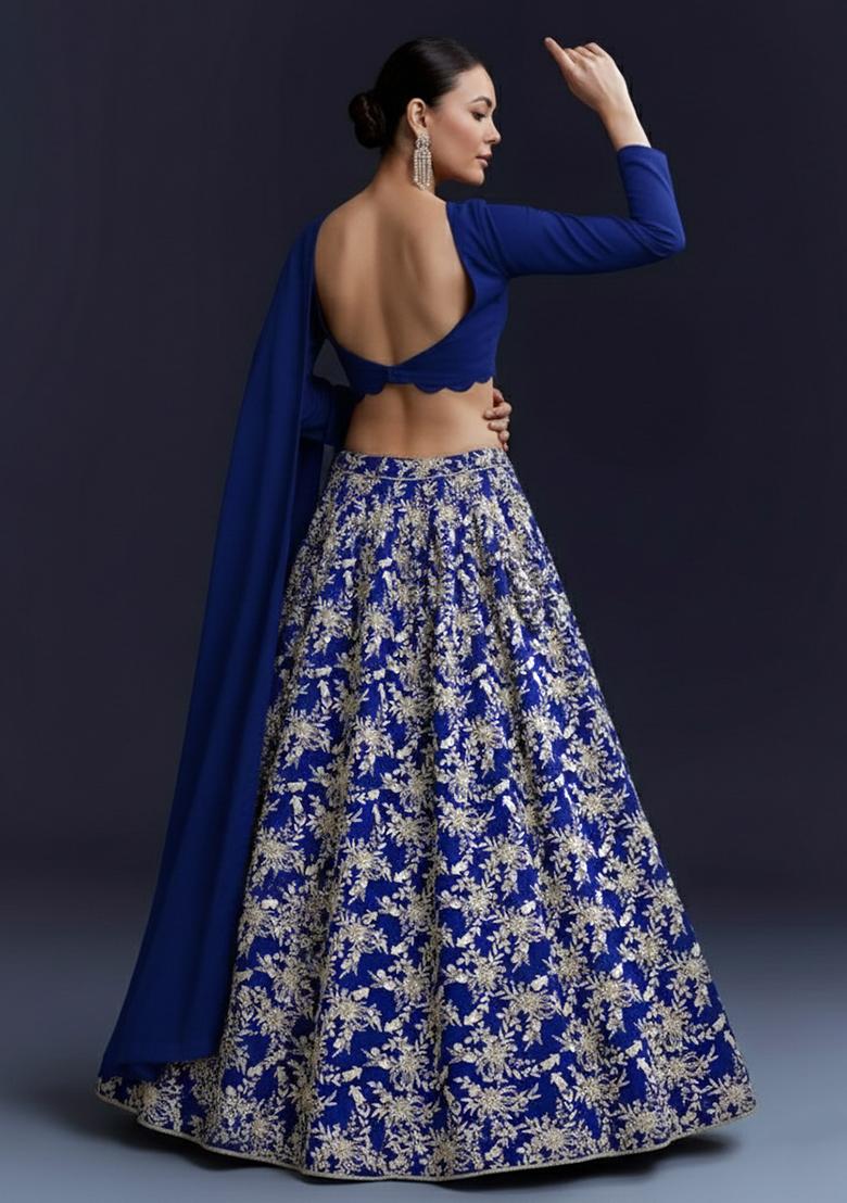 Royal Blue Embroidered Crepe Lehenga Set - Indya