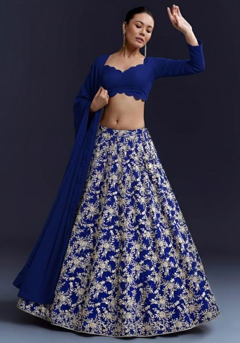 Royal Blue Embroidered Crepe Lehenga Set