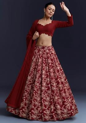 Maroon Embroidered Crepe Lehenga Set