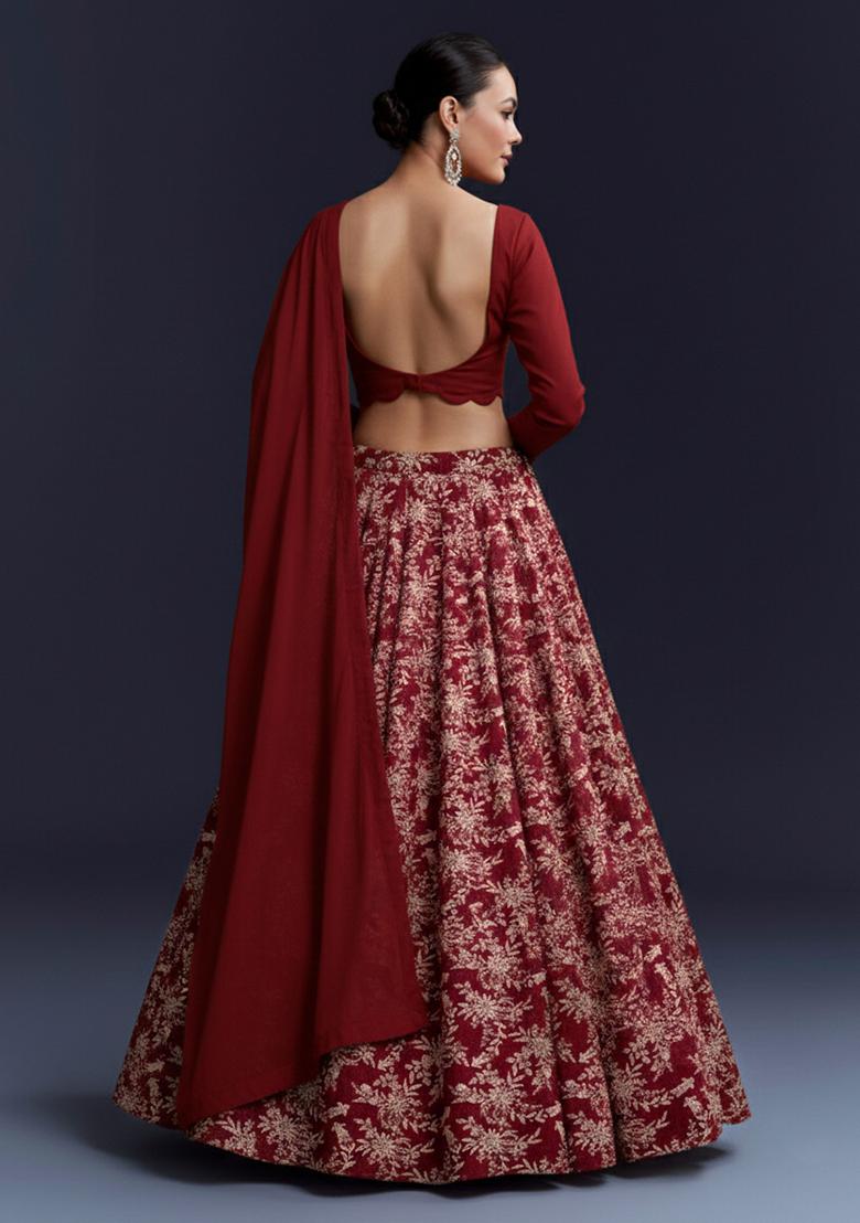 Maroon Embroidered Crepe Lehenga Set - Indya