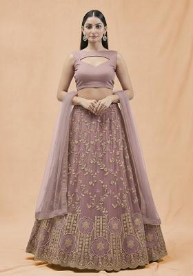 Mauve Embroidered Crepe Lehenga Set