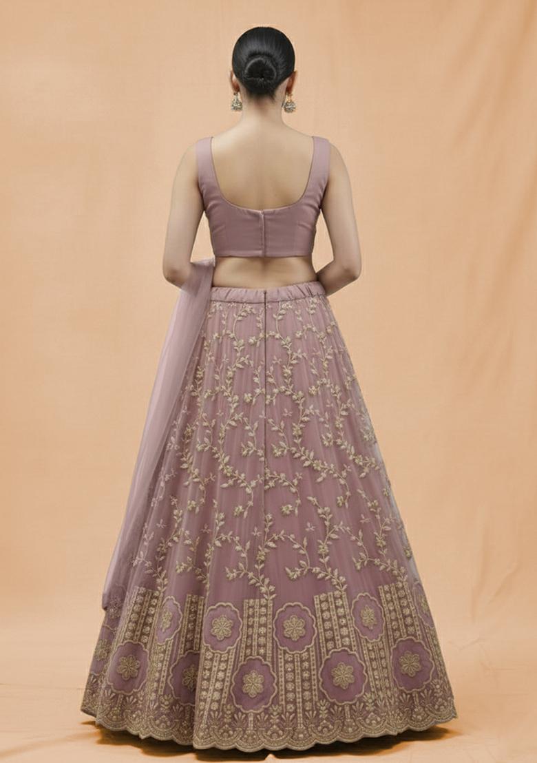 Mauve Embroidered Crepe Lehenga Set - Indya