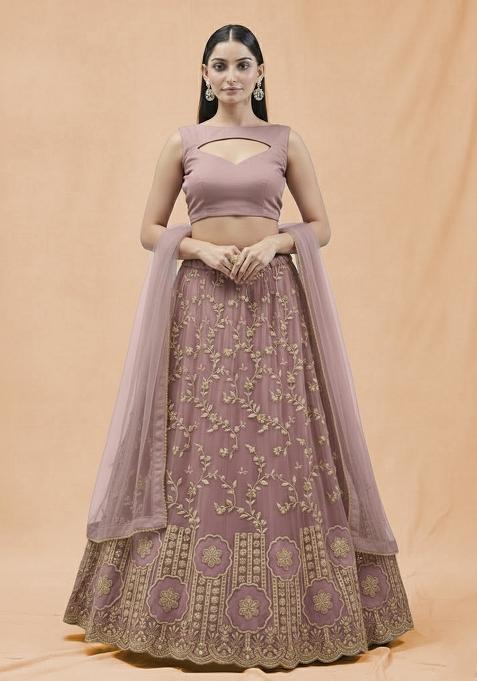 Mauve Embroidered Crepe Lehenga Set