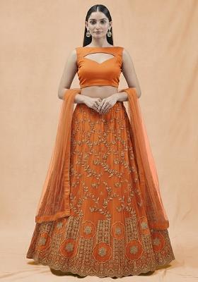 Orange Embroidered Crepe Lehenga Set