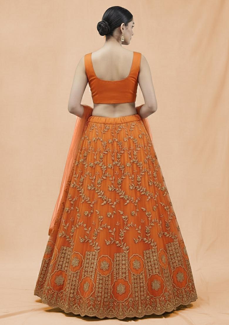 Orange Embroidered Crepe Lehenga Set - Indya