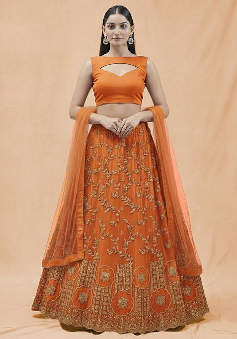 Orange Embroidered Crepe Lehenga Set