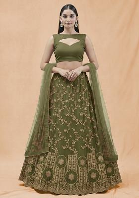 Olive Green Embroidered Crepe Lehenga Set