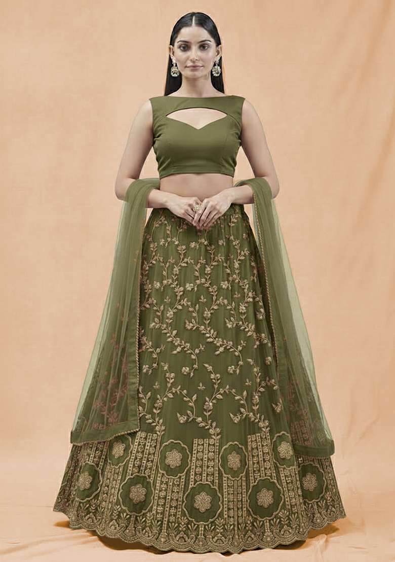 Olive Green Embroidered Crepe Lehenga Set - Indya
