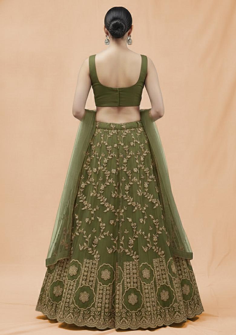 Olive Green Embroidered Crepe Lehenga Set - Indya