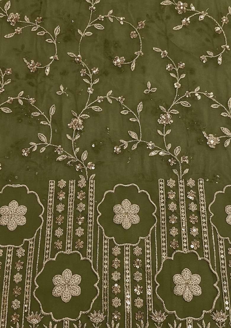 Olive Green Embroidered Crepe Lehenga Set - Indya