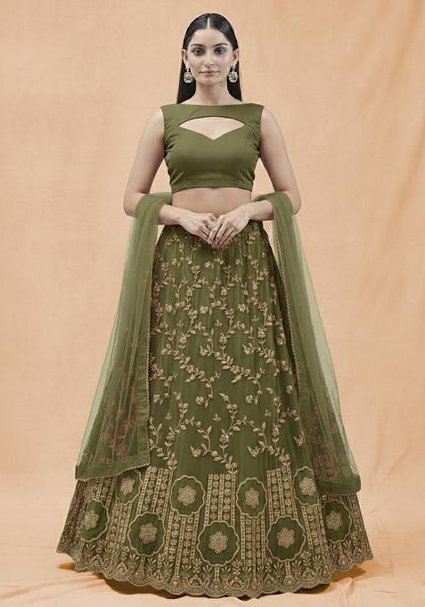 Olive Green Embroidered Crepe Lehenga Set