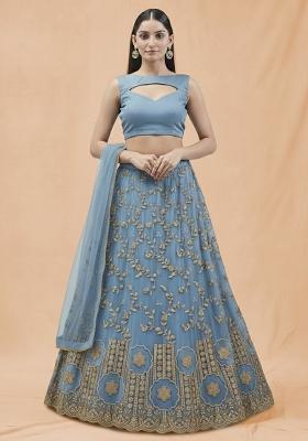 Powder Blue Embroidered Crepe Lehenga Set