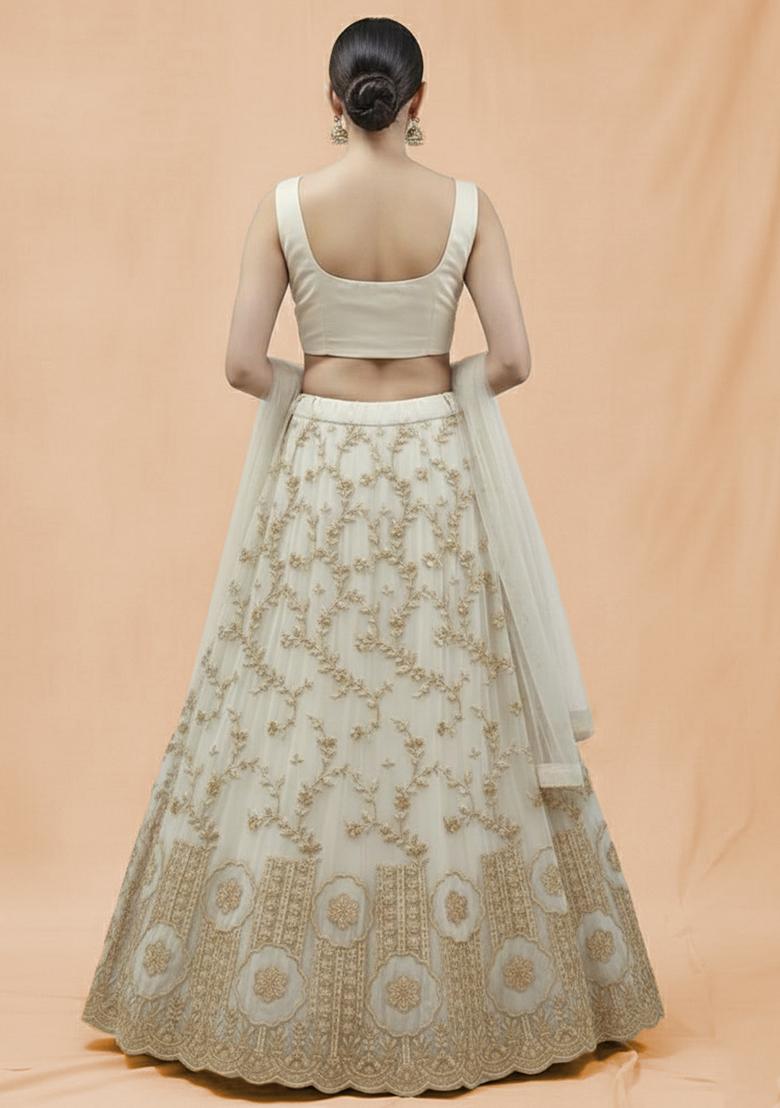 Ivory Embroidered Crepe Lehenga Set - Indya