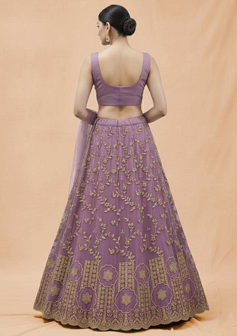 Lilac Embroidered Crepe Lehenga Set - Indya