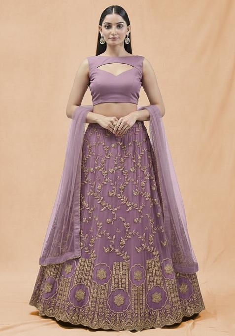 Lilac Embroidered Crepe Lehenga Set