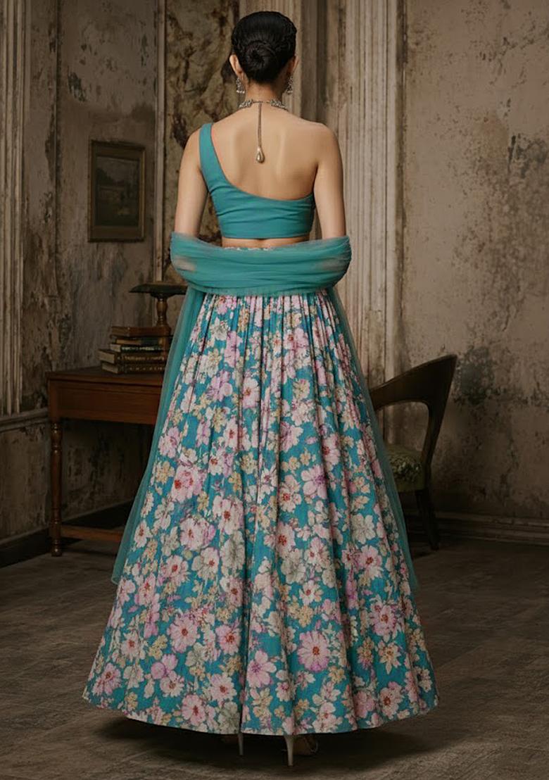 Powder Blue Floral Print Crepe Lehenga Set - Indya