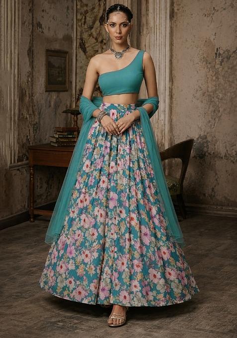 Powder Blue Floral Print Crepe Lehenga Set