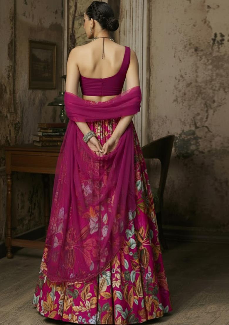 Wine Floral Print Crepe Lehenga Set - Indya