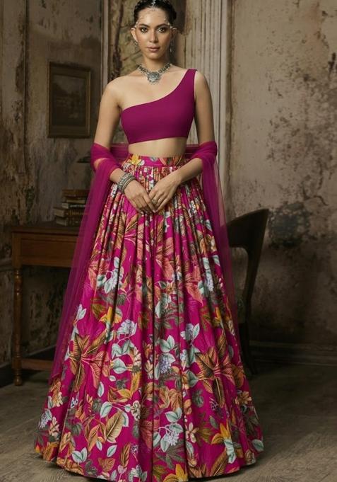 Wine Floral Print Crepe Lehenga Set