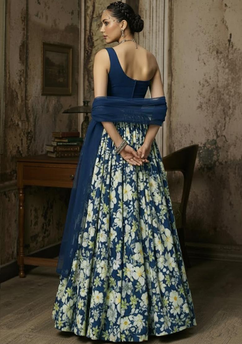 Midnight Blue Floral Print Crepe Lehenga Set - Indya