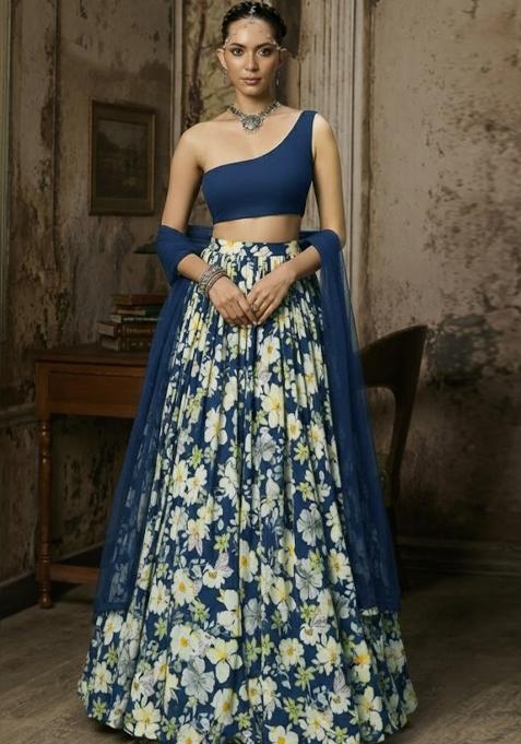 Midnight Blue Floral Print Crepe Lehenga Set