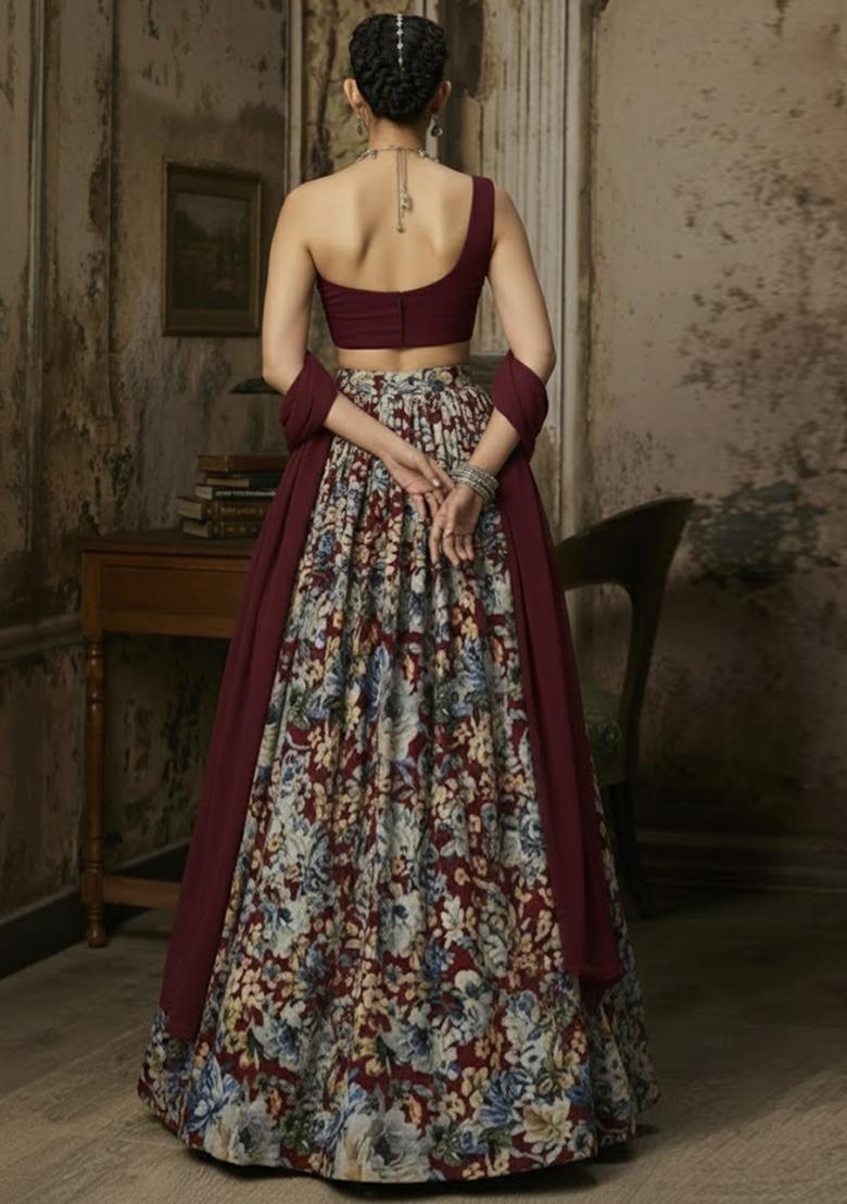 Deep Wine Floral Print Crepe Lehenga Set - Indya