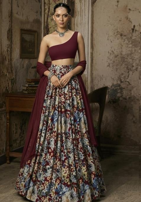 Deep Wine Floral Print Crepe Lehenga Set