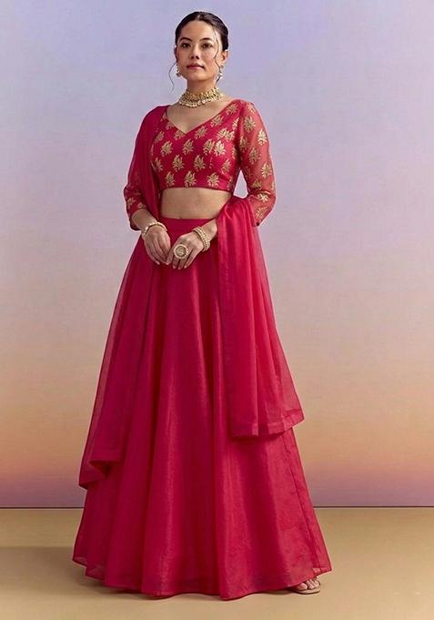 Rani Pink Jacquard Brocade Lehenga Set