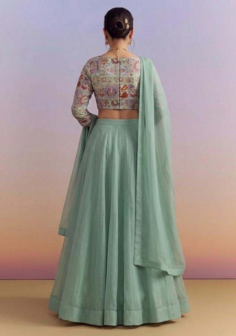 Sage Green Jacquard Silk Lehenga Set - Indya