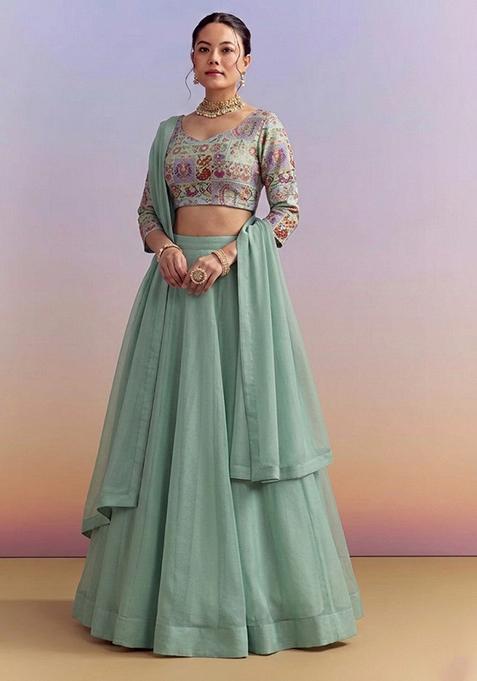 Sage Green Jacquard Silk Lehenga Set