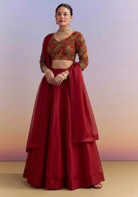 Deep Red Embroidered Crepe Lehenga Set