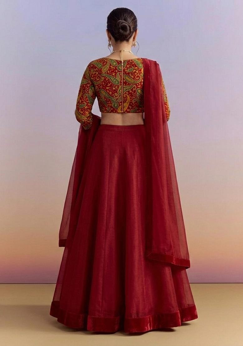 Deep Red Embroidered Crepe Lehenga Set - Indya