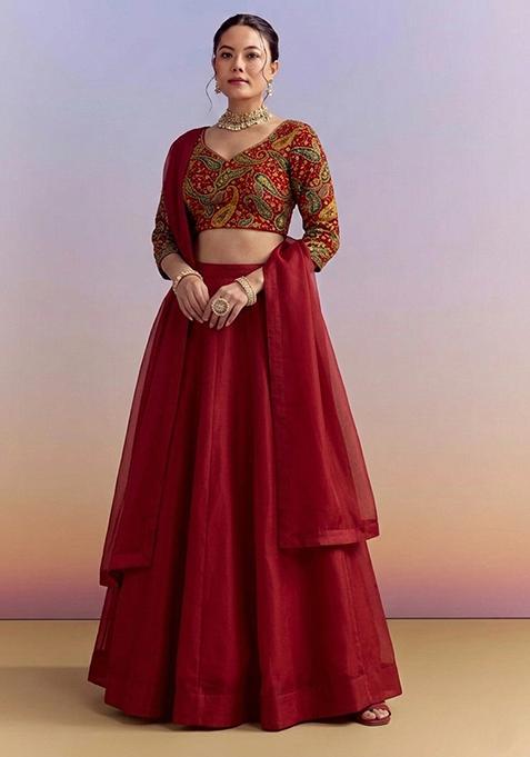 Deep Red Embroidered Crepe Lehenga Set