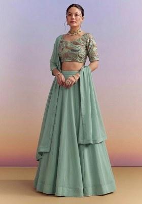 Mint Green Embroidered Crepe Lehenga Set