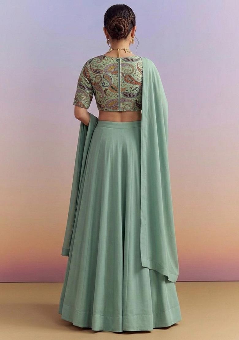 Mint Green Embroidered Crepe Lehenga Set - Indya