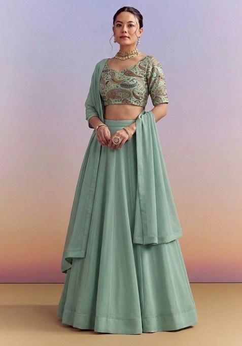 Mint Green Embroidered Crepe Lehenga Set